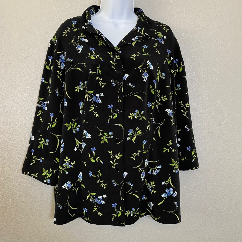 Vintage 90s Dark Feminine Black Dainty Floral Grunge‎ Button Down Shirt 16-18W